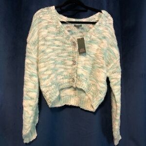 Wild Fable Teal and White Crop Sweater with Jewel Buttons